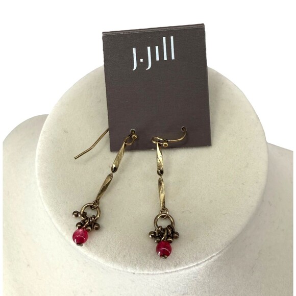 J. Jill Hook Earrings Twisted Gold Tone Red Beaded Cluster Drop Dangle Bohemian - Picture 5 of 9